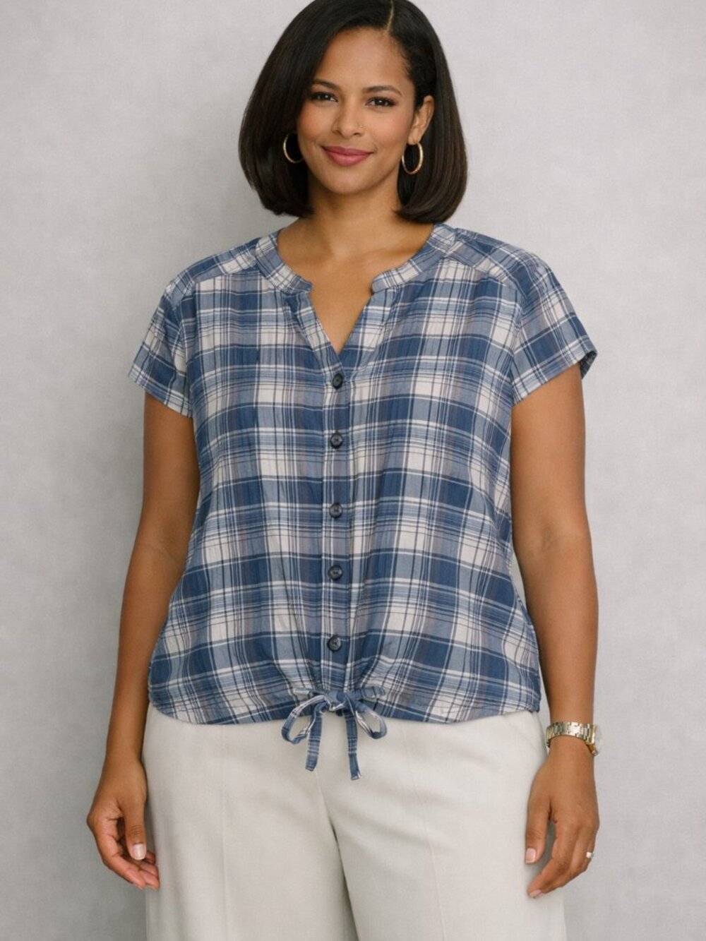 Christopher & Banks Blue Gray & Brown Plaid Capped Sleeve Button Down Top Size L